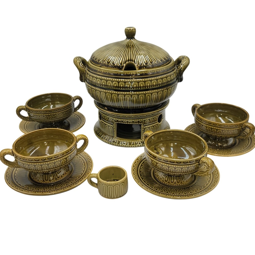 Vintage Olive Green Ceramic Soup Tureen Set with Warmer 4 Bowls and Saucers MCM
